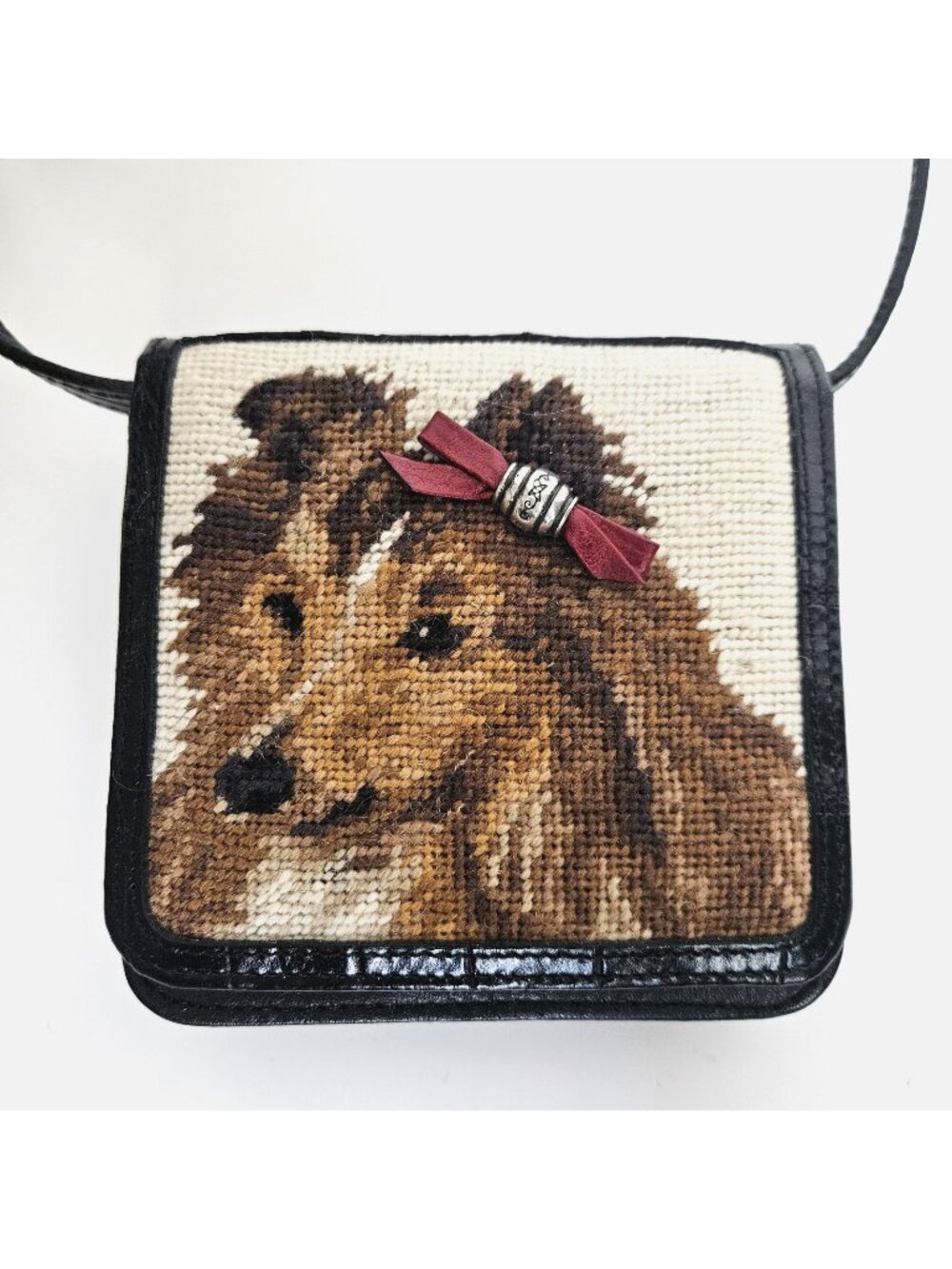 Vintage Brighton Needlepoint Collie Dog Crossbody Wallet Bag Black Leather